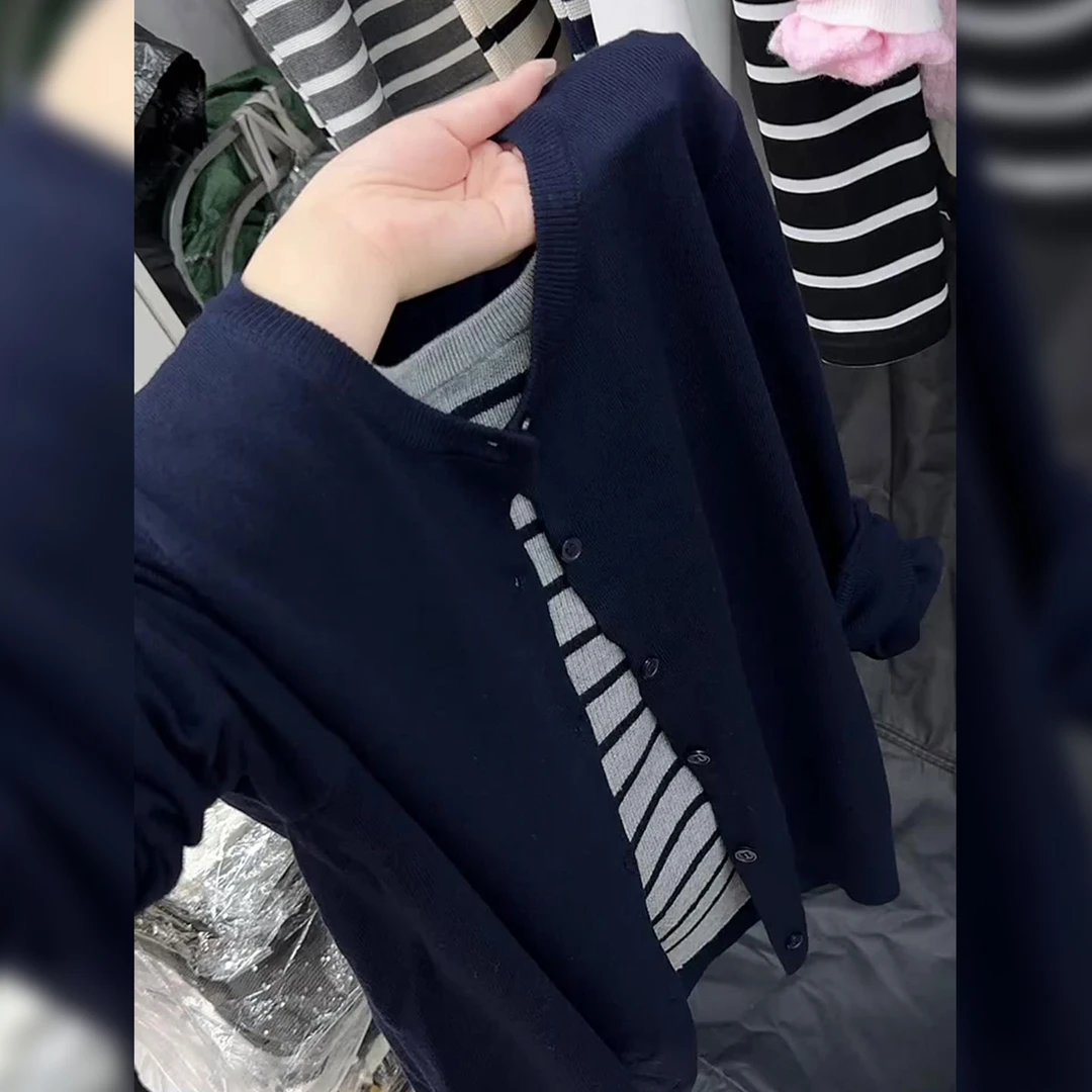 韩系chic撞色条纹假两件开衫女2025年秋季新款设计感宽松减龄上衣