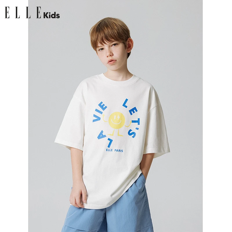 6181 ELLE KIDS休闲百搭宽松潮流运动简约笑脸字母印花半袖t恤A3