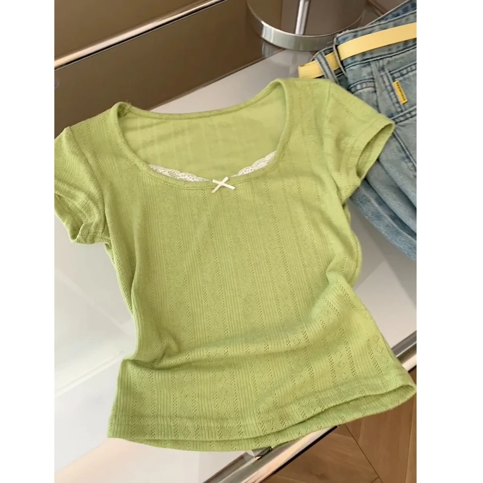 绿色假两件大领口短袖t恤女修身小个子方领气质短款正肩显瘦上衣
