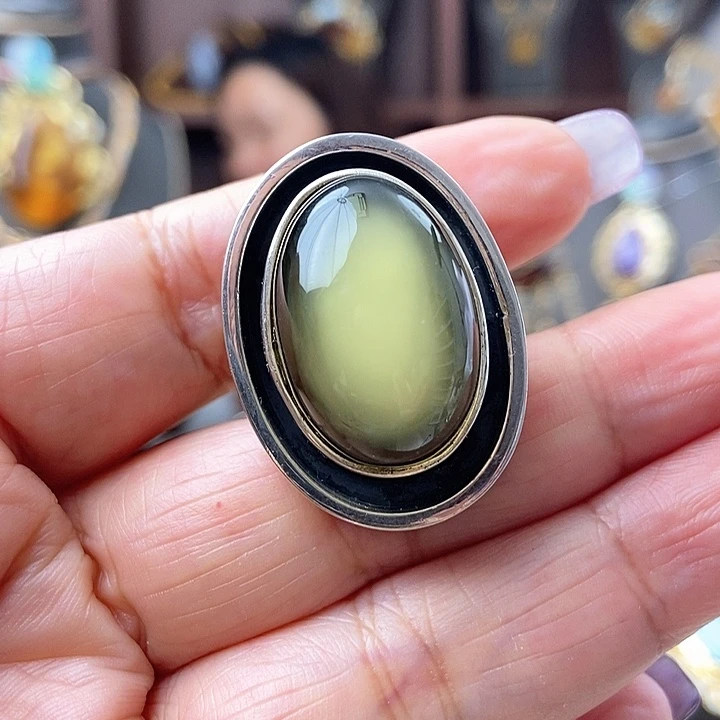 琥珀戒指银S925镶嵌戒指