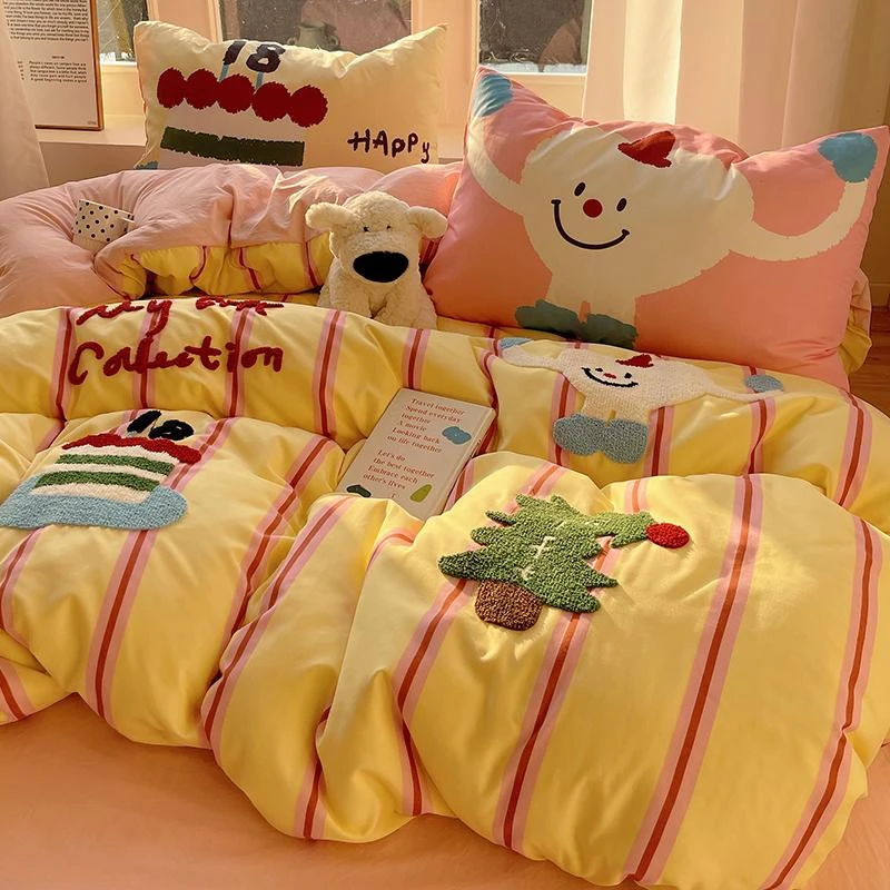 水星高档适用家纺卡通水洗棉毛巾绣床上四件套床品被套学生宿舍床