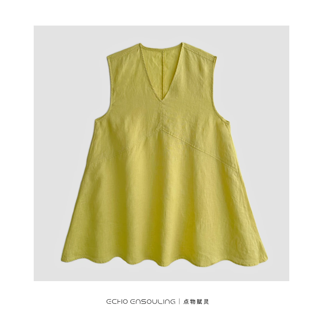 E21449夏日柠檬V领亚麻纯色休闲微胖上衣