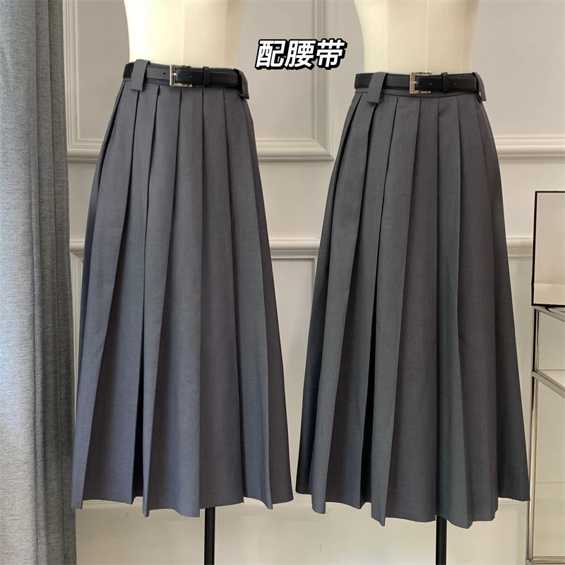【年中青青】灰色高腰显瘦百搭西装长裙百褶半身裙