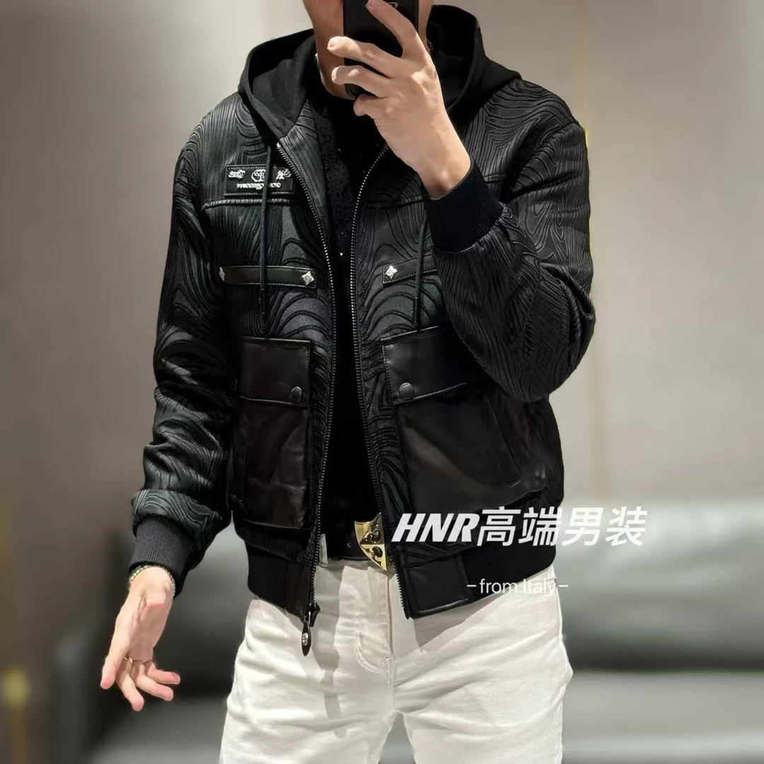 【顺丰包邮】立体胸标图案绵羊皮拼接休闲男士夹克24B0100