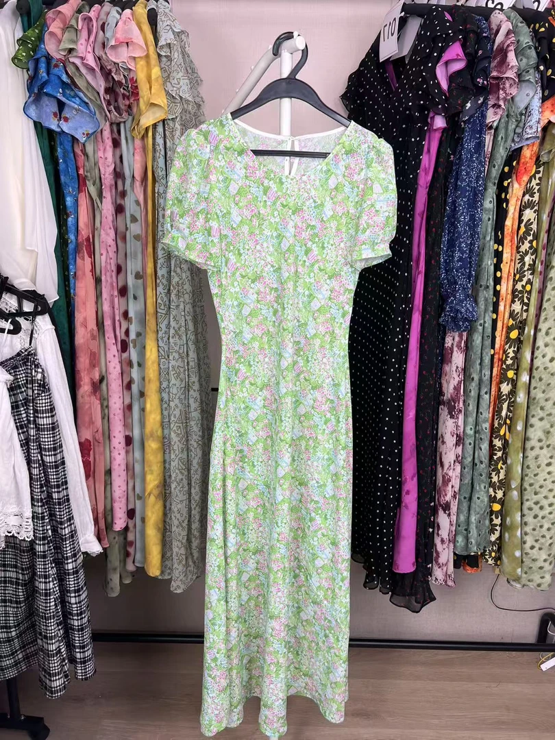 25044一口猫原创绿色碎花夏季女款连衣裙