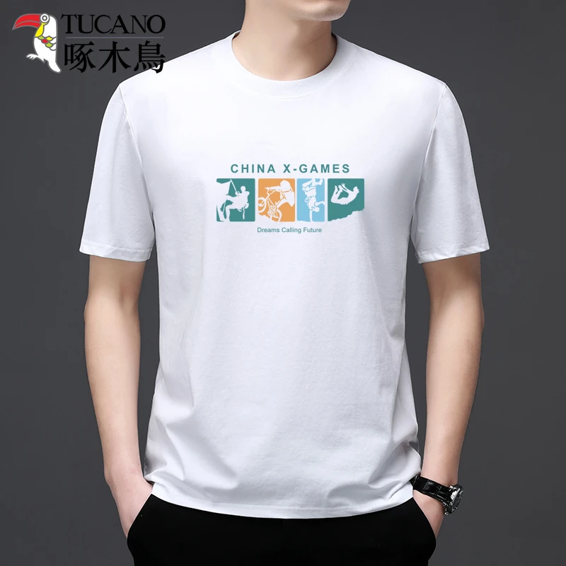 啄木鳥中年夏季T恤男士白色宽松圆领印花百搭透气时尚简约潮流