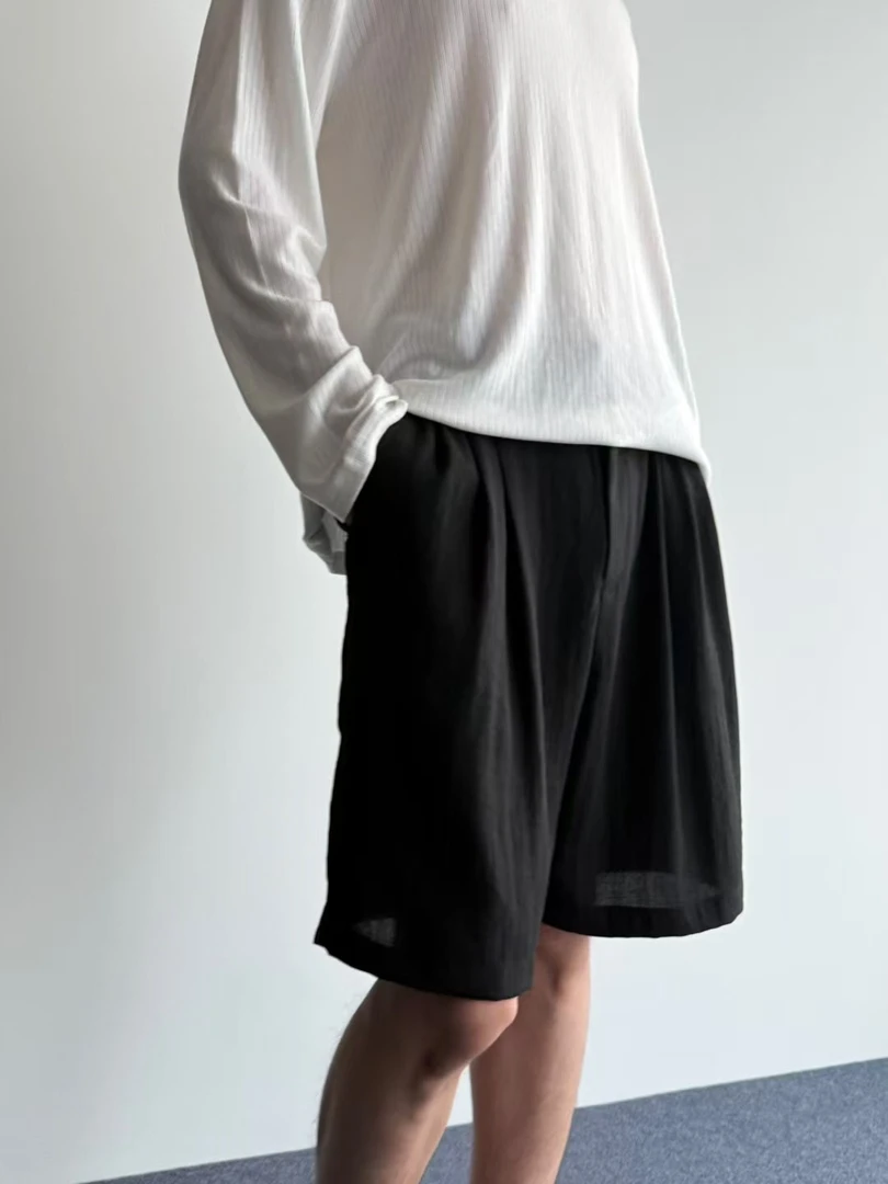 2025老钱风松弛感肌理廓形休闲直筒天丝夏季短裤1222