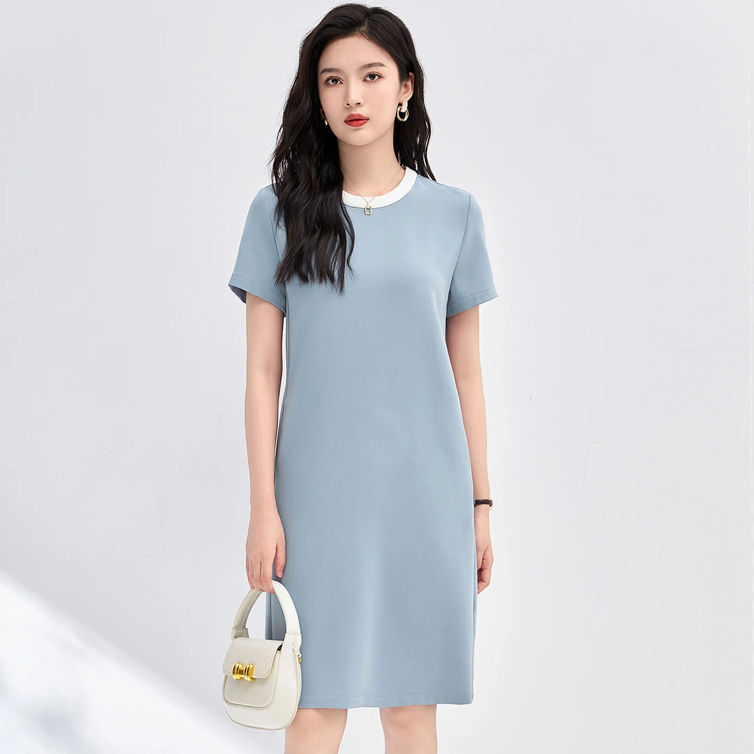 简约休闲撞色圆领短袖直筒裙女2025秋季新款气质小香风遮肉连衣裙