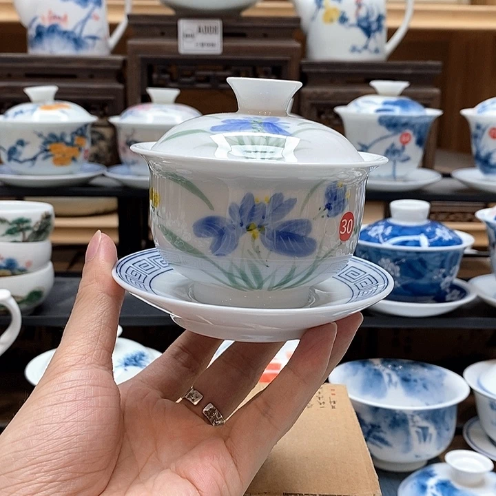 手绘蝴蝶兰160cc悬停盖碗釉下彩微瑕福利款