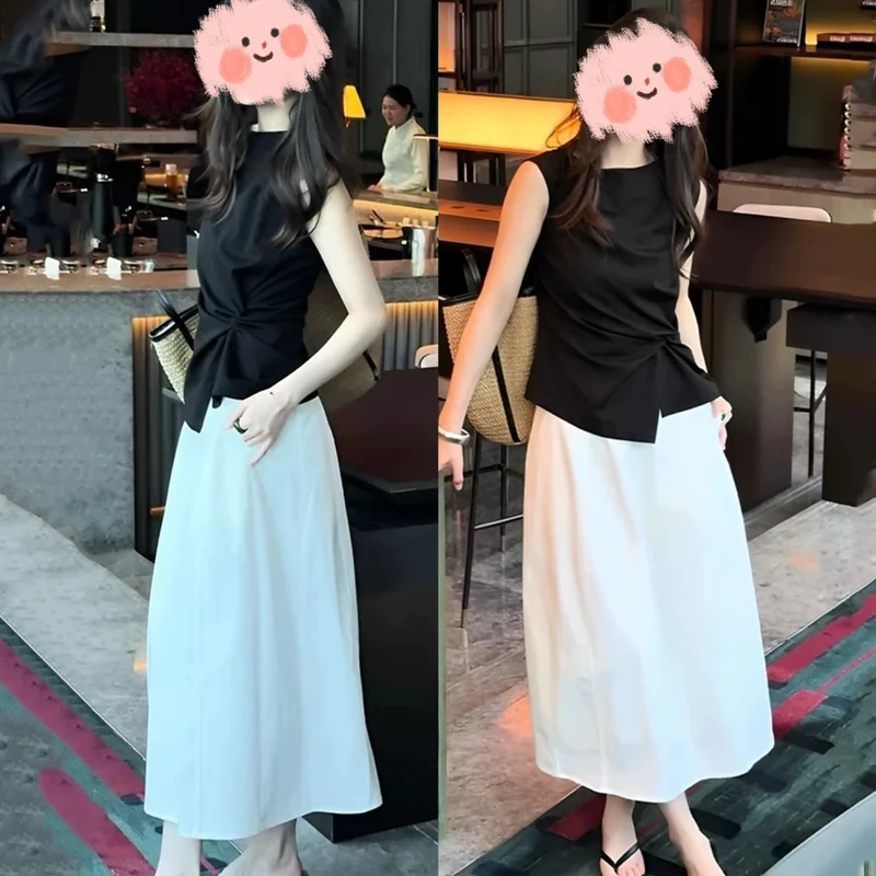 欧货不规则扭结收腰设计感气质T恤女夏季新款+百搭A字半身裙套装