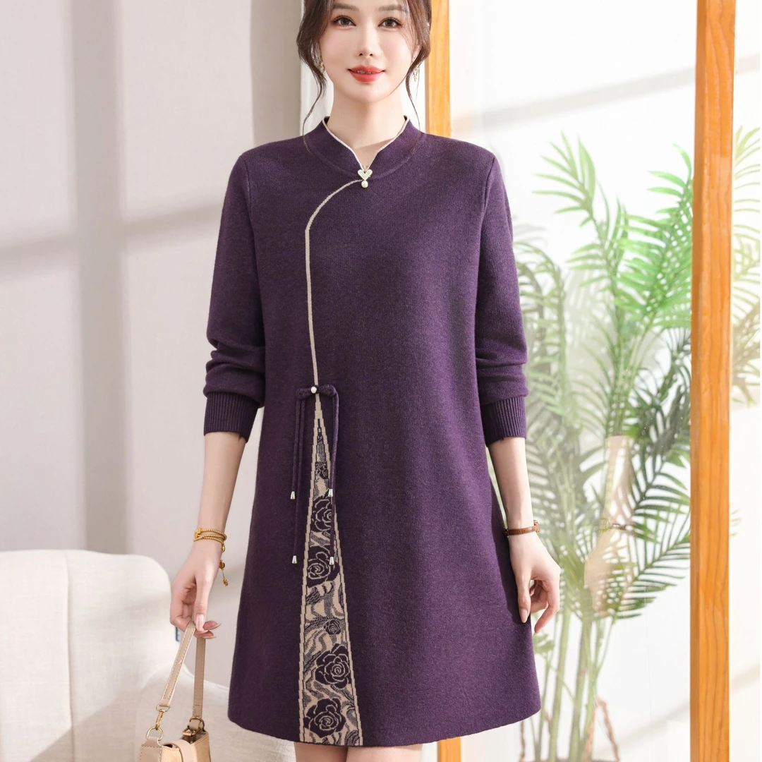 妈妈秋冬毛衣打底裙中式2025新款阔太太高贵连衣裙中老年针织裙子