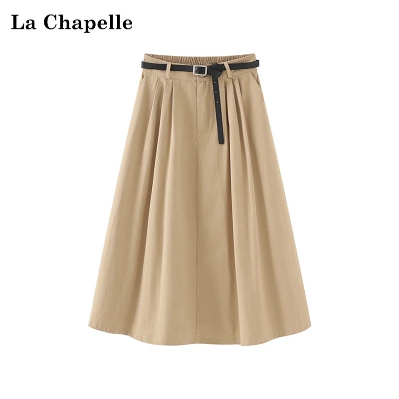 拉夏贝尔休闲西装半身裙腰带a字百褶裙高腰显瘦伞裙时尚洋气高级