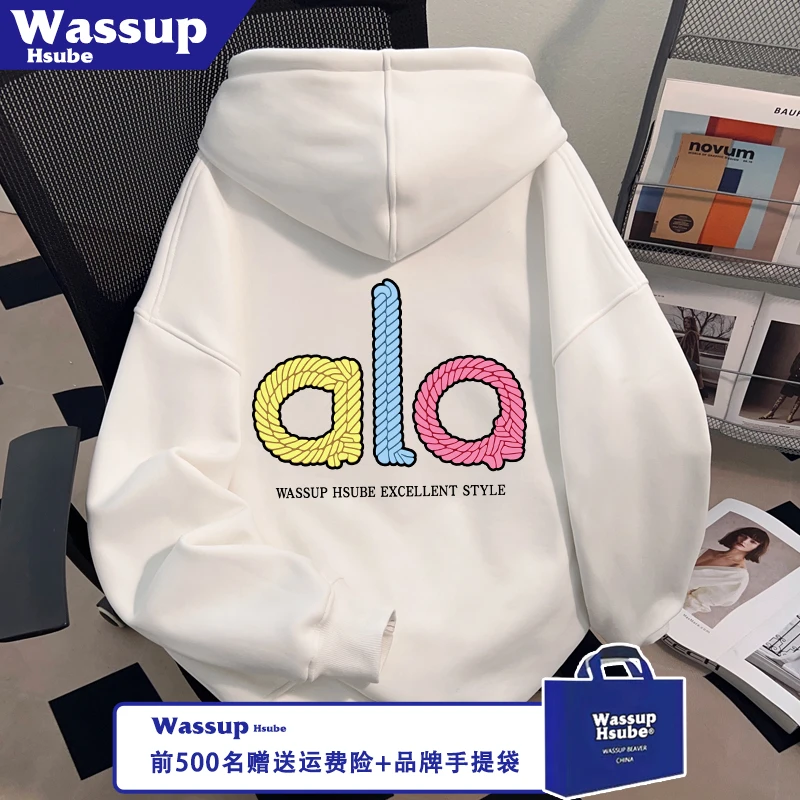 WASSUP HSUBE毛线字母印花美式男女国潮上衣秋季百搭白色连帽卫衣