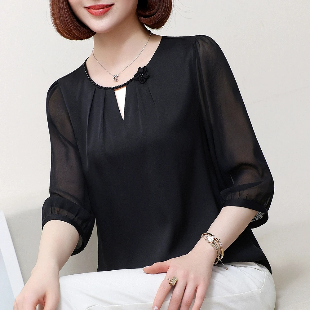 中年妈妈纯色真丝上衣女2025夏季新款时尚百搭衬衣中袖桑蚕丝小衫