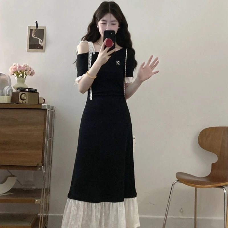 大码法式千金风露肩短袖连衣裙女夏季胖mm收腰显瘦拼接蕾丝中长裙