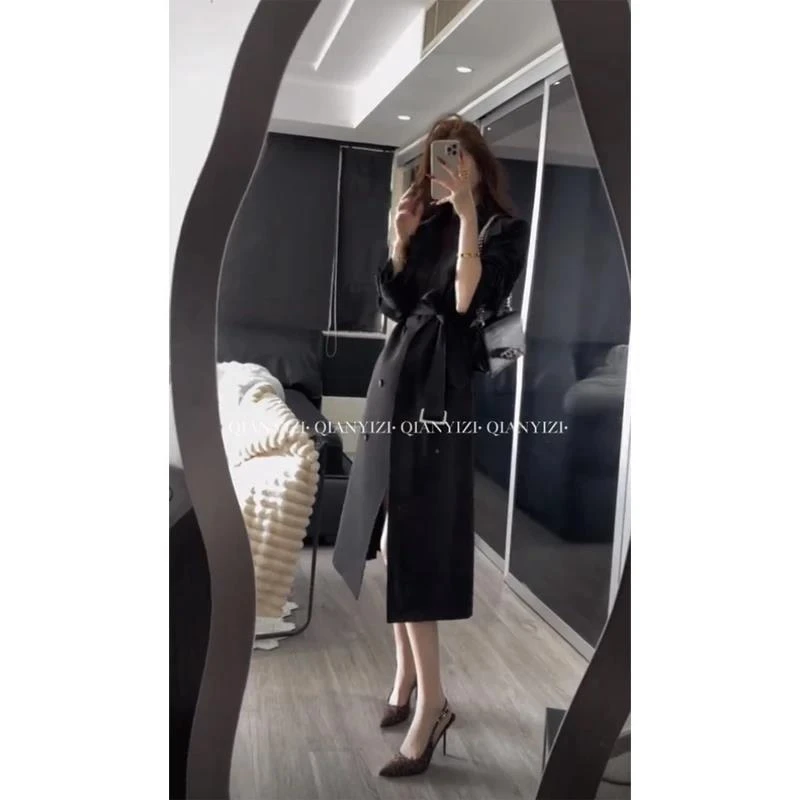 2024秋冬新款英伦风时尚显瘦百搭风衣外套赫本风黑色中长款大衣女
