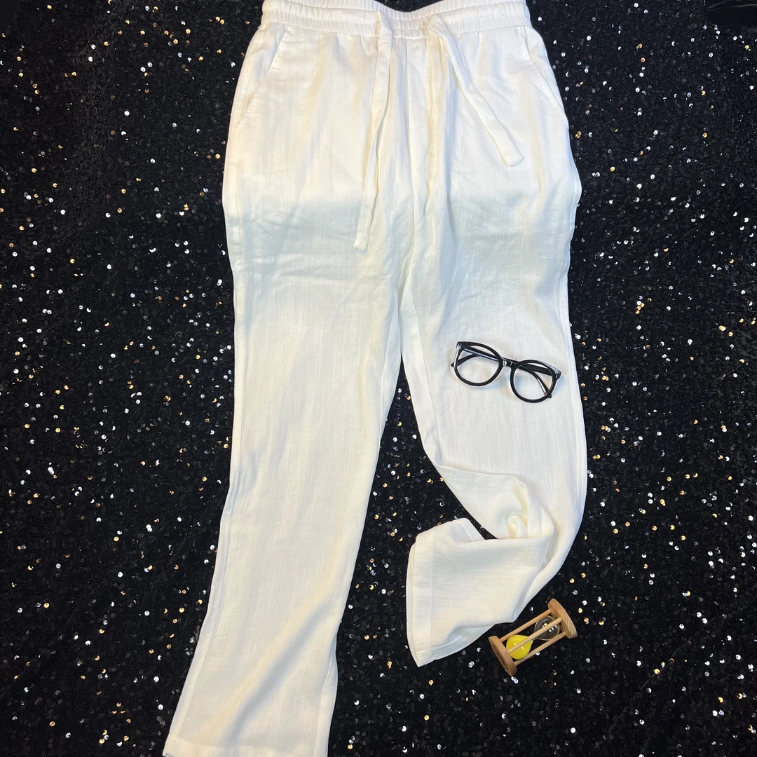 新款天丝棉麻竖纹中筒直筒裤男士休闲裤透气排汗