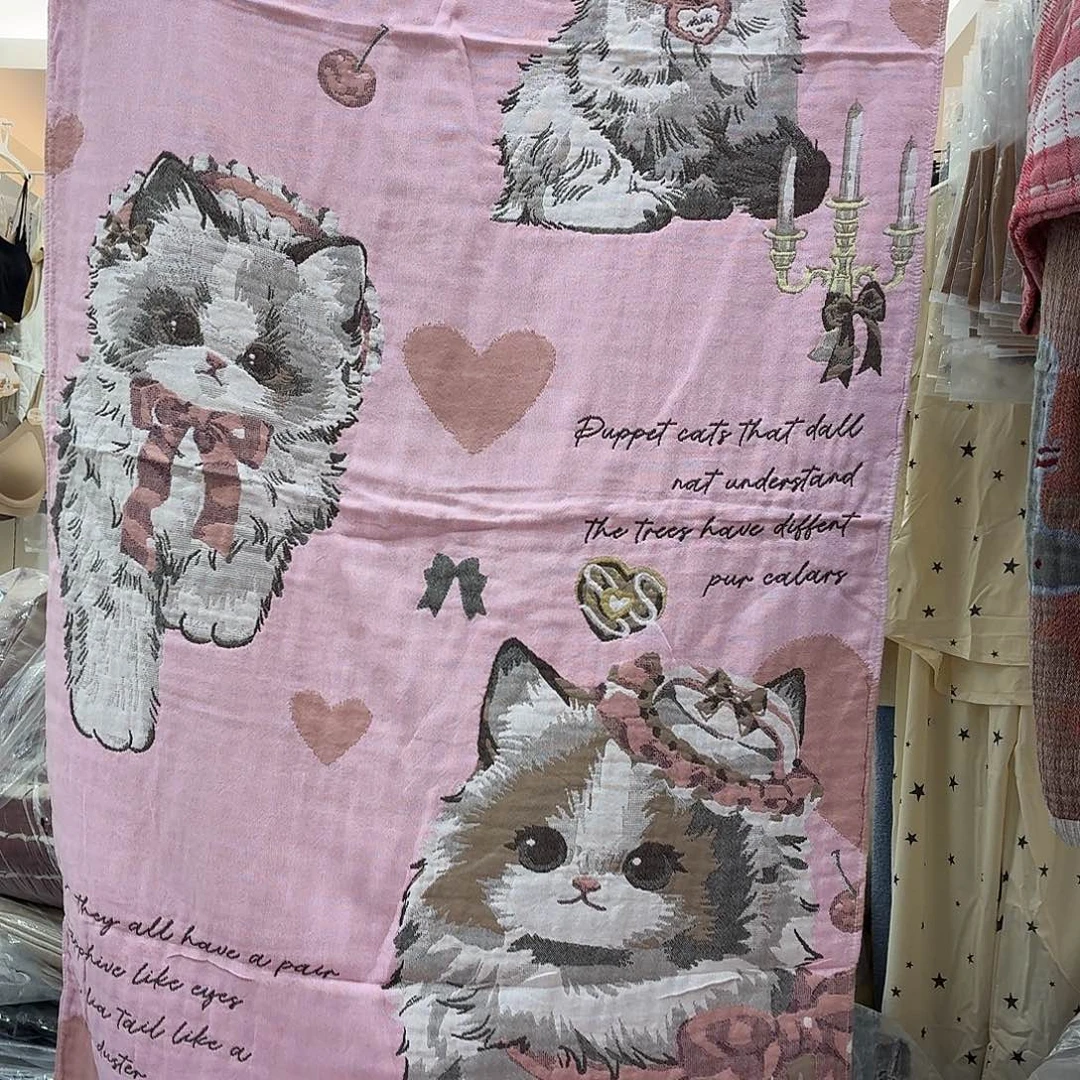 棉粉色小猫纱布浴巾