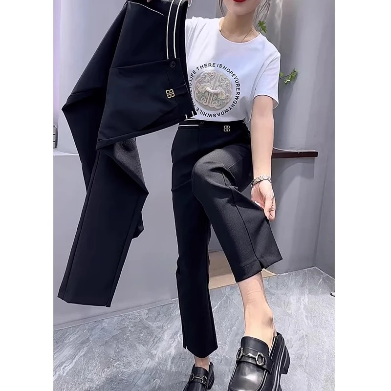 黑色休闲烟管西装裤女春季胖MM梨形身材高腰弹力显瘦直筒九分裤子