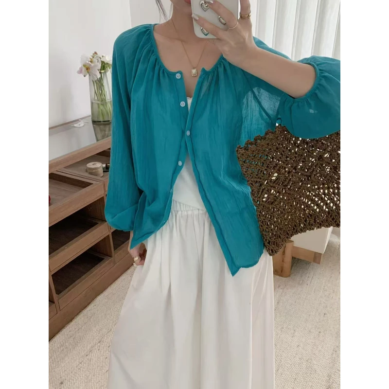 【NO退NO换】韩系纯色百搭褶皱圆领防晒开衫13931  衣长55