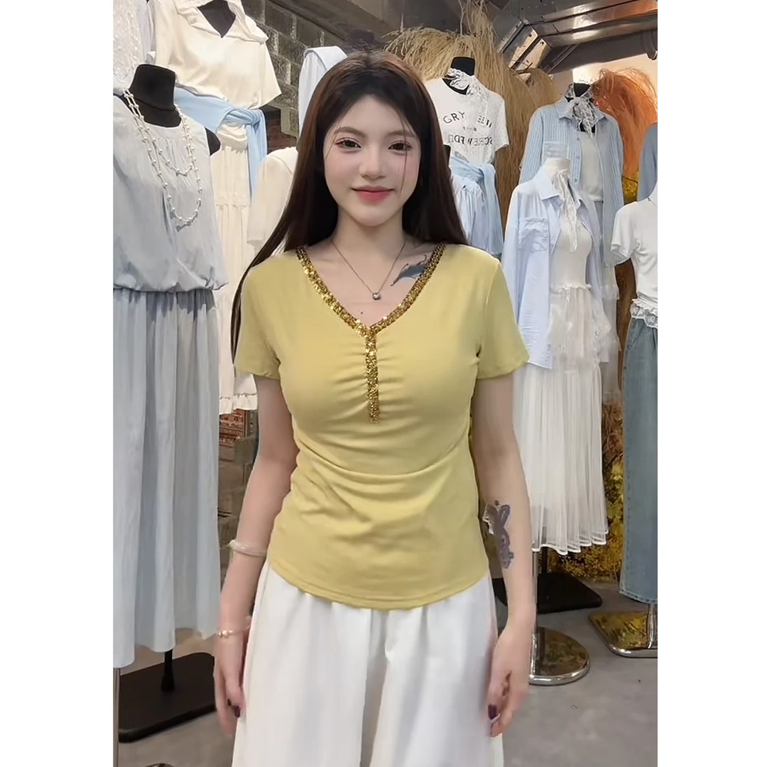 法式短款独特别致上衣设计感小众V领修身短袖t恤女夏2594#0.1 y