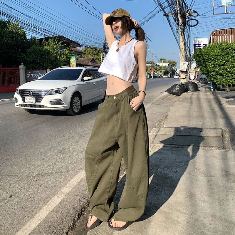 美式复古橄榄绿弯刀裤女2025新款夏季小众设计感阔腿裤宽松香蕉裤