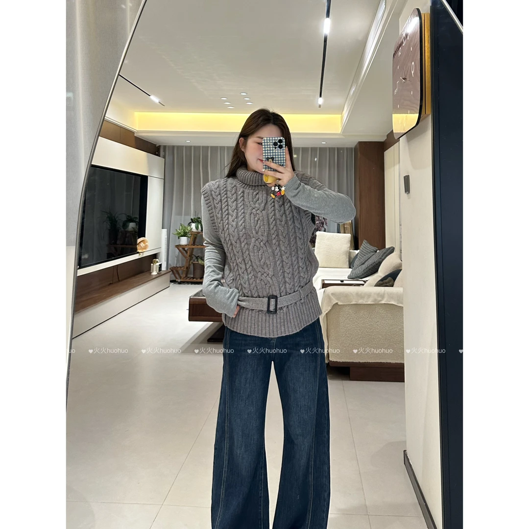 【火火】韩系高领灰色质感针织马甲打底衫女春秋毛衣设计感上衣套装