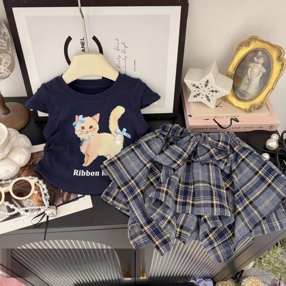 女童夏季套装2025新款T恤儿童韩版短袖格子洋气格子裙两件套