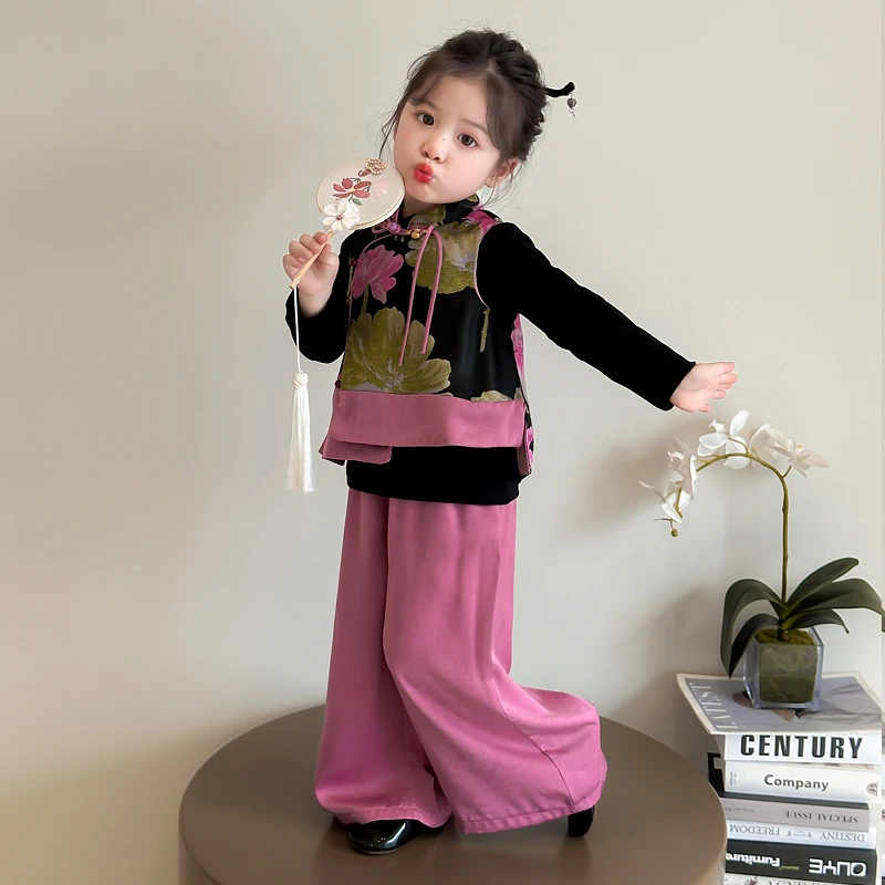 女童国潮风套装2025春季新款汉服新中式时髦儿童长袖阔腿裤三件套