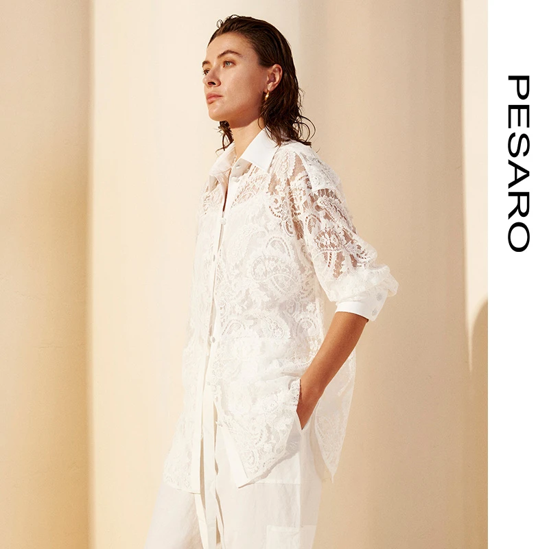 PESARO惠玲女装春季新中式风格水溶蕾丝宽松白色长袖衬衣衬衫上衣