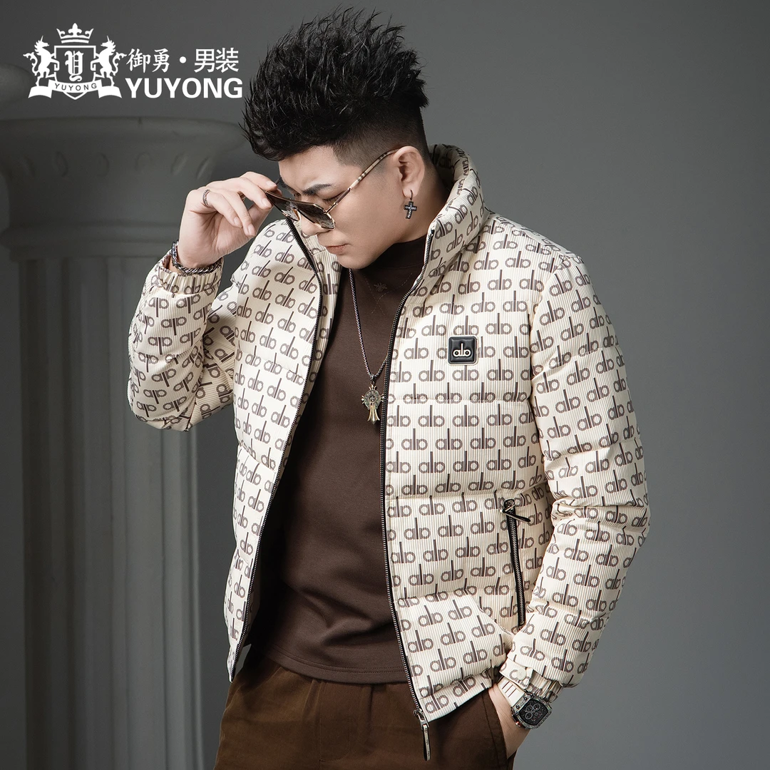 欧洲站冬季90白鸭绒羽绒服男士新款潮流满花立领防寒服保暖外套男