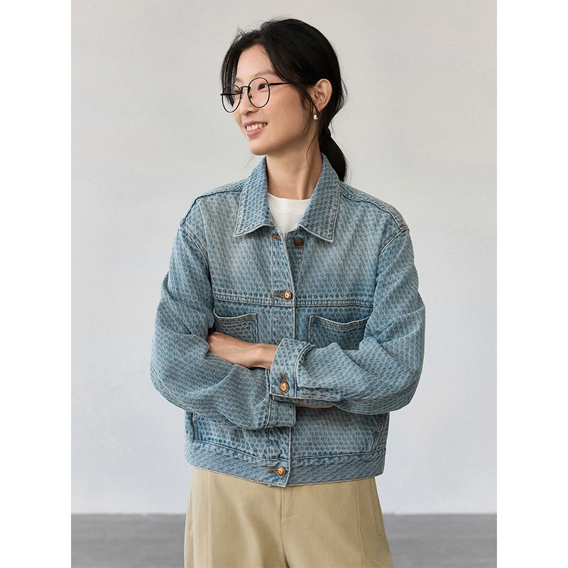 素典【牛仔信笺】牛仔外套休闲翻领短款夹克复古水洗格纹上衣2076