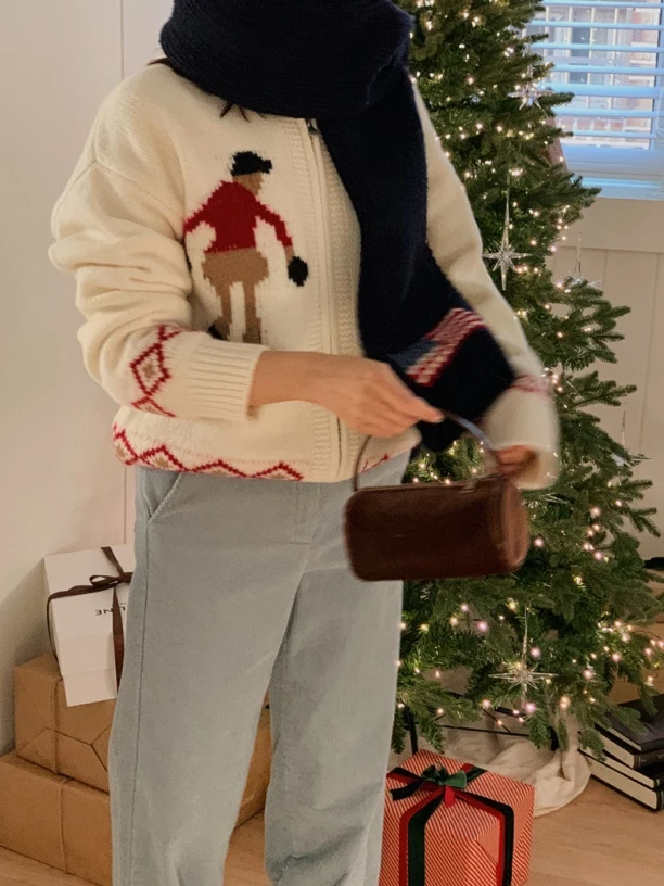 Onni [ 保龄小子 ] 韩系奶白提花拉链翻领厚毛衣