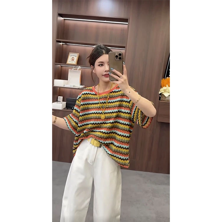 欧货夏季新款撞色条纹编织圆领短袖t袖减龄洋气显瘦短款上衣女