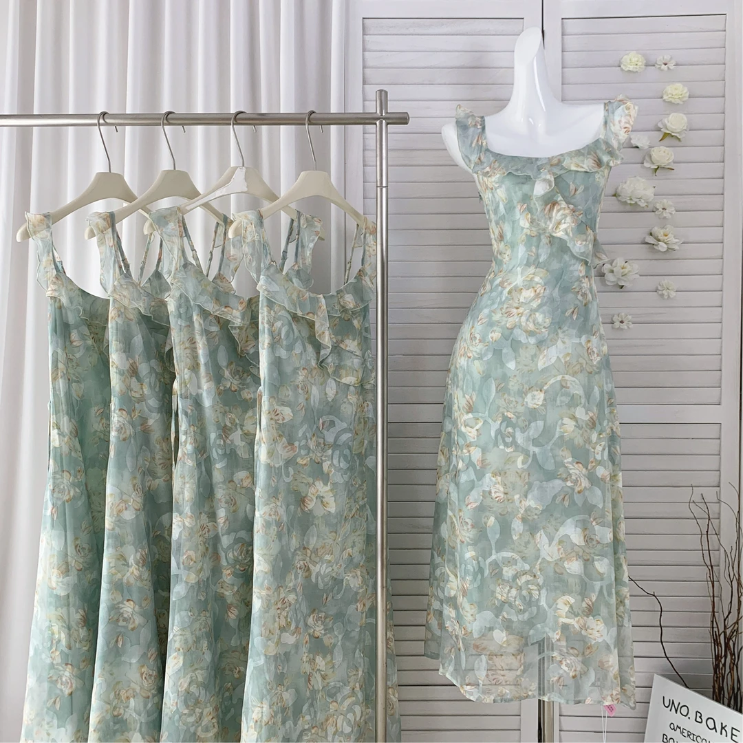 气质浪漫绿色荷叶边连衣裙法式小众复古女设计小个子收腰显瘦长裙