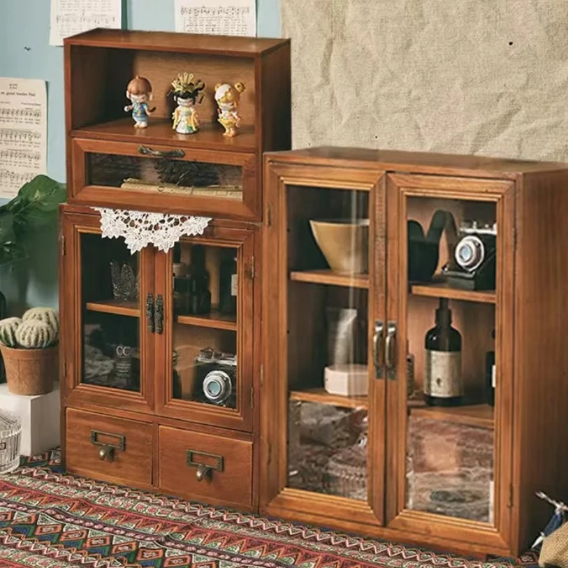 【三件套A】实木收纳柜复古置物架化妆品杯子收纳柜超值装