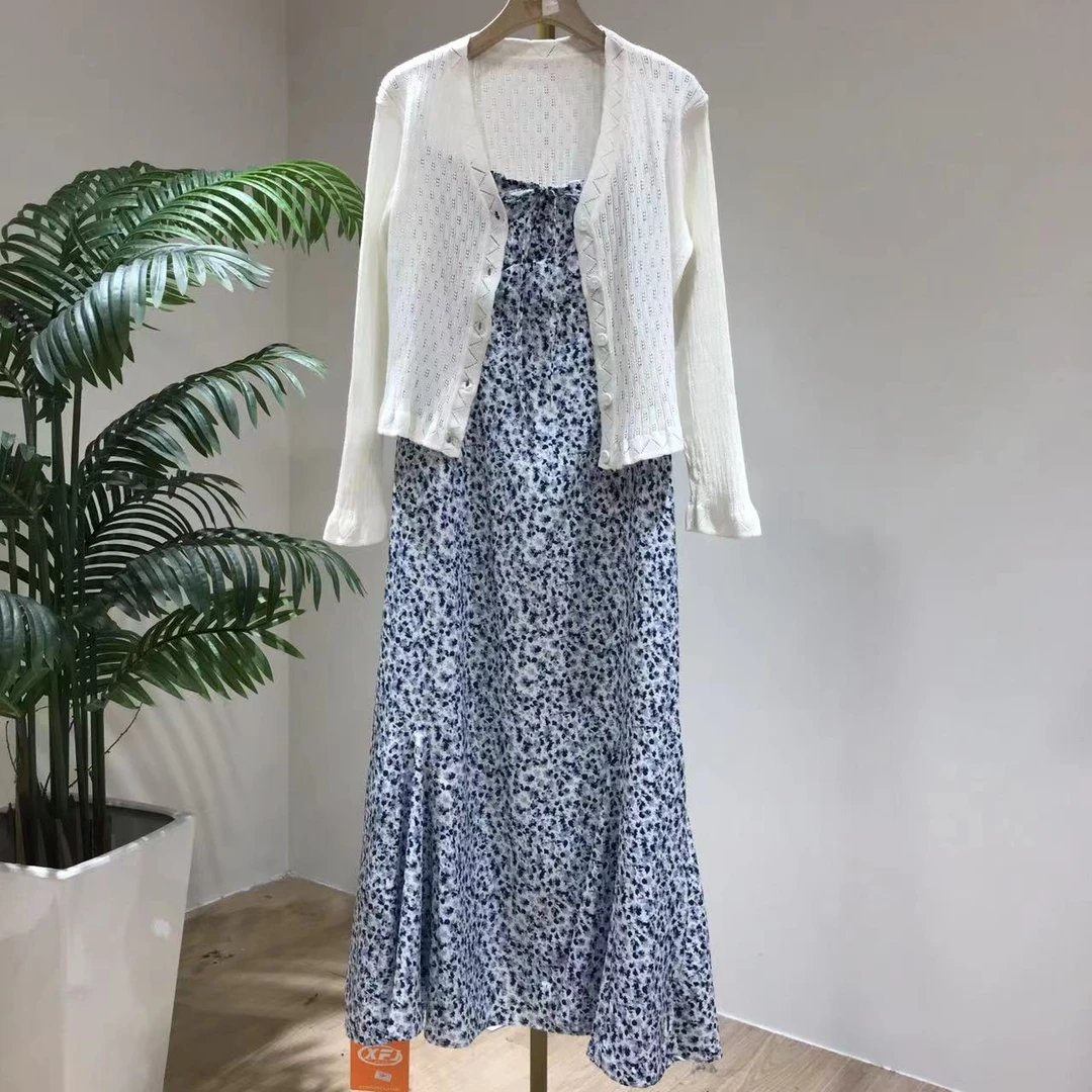 K2552杨紫麦承欢同款蓝色针织开衫防晒衣碎花裙吊带连衣裙套装