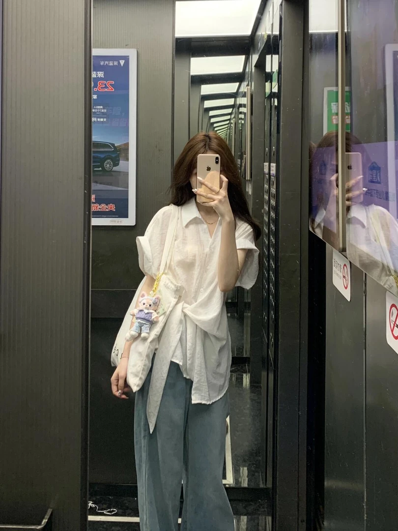 2025夏季新款韩系设计感气质短袖衬衫上衣高腰牛仔阔腿裤两件套女