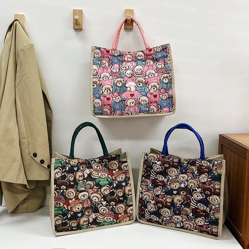 大容量麻布包女2023新款时尚百搭洋气小熊托特包大学生上课手提袋