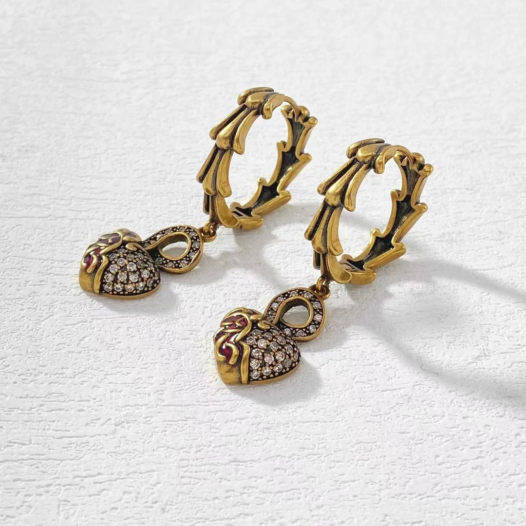 铜合金耳饰 木木（RZ6370）内径19毫米 做旧精镶桃心耳圈耳环