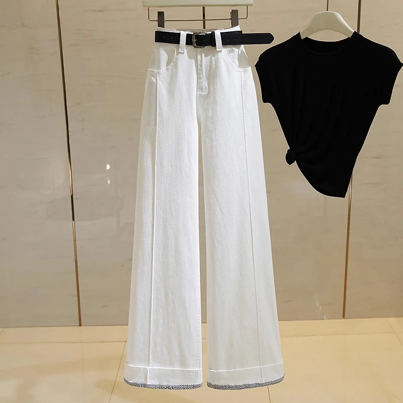 culv白色高腰阔腿牛仔裤女夏季新款宽松显瘦时尚翻边休闲直筒裤子