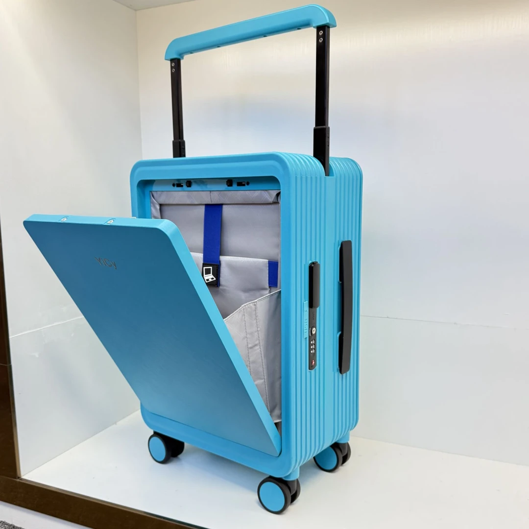 YiCy2025爆款前开盖宽拉杆行李箱可充电密码箱万向轮旅行箱防尘袋