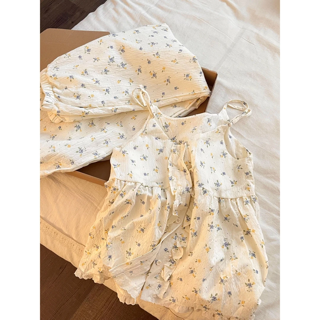 日系少女高级碎花吊带睡衣女款2025新款家居服褶皱大码套装可外穿