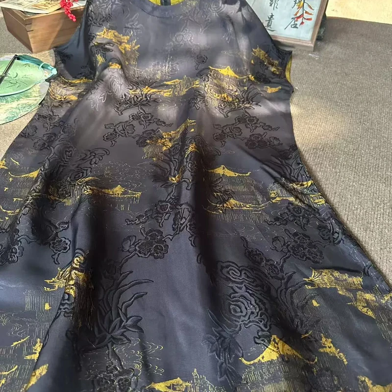 夏季新款新中式国风遮肉显瘦圆领亭台楼阁提花连衣裙