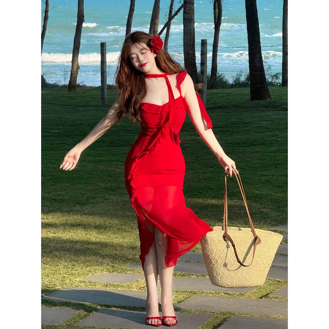 MengFairy【海岛假日】时尚显瘦罗马度假风飘带吊带连衣裙4903M