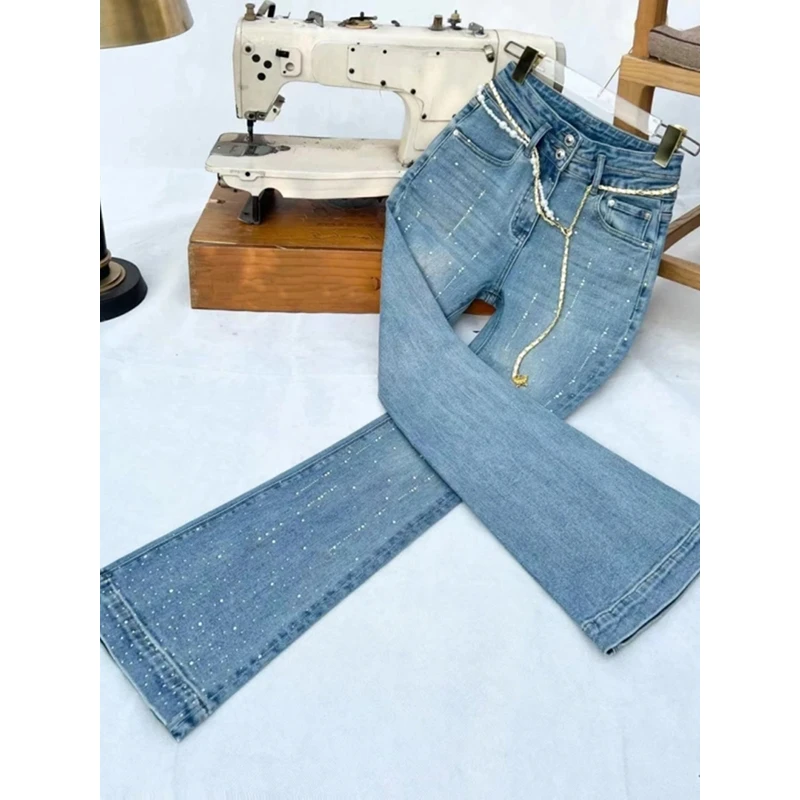 欧货2025春季新品满天星微喇牛仔裤精致小香风大码弹力显瘦喇叭裤