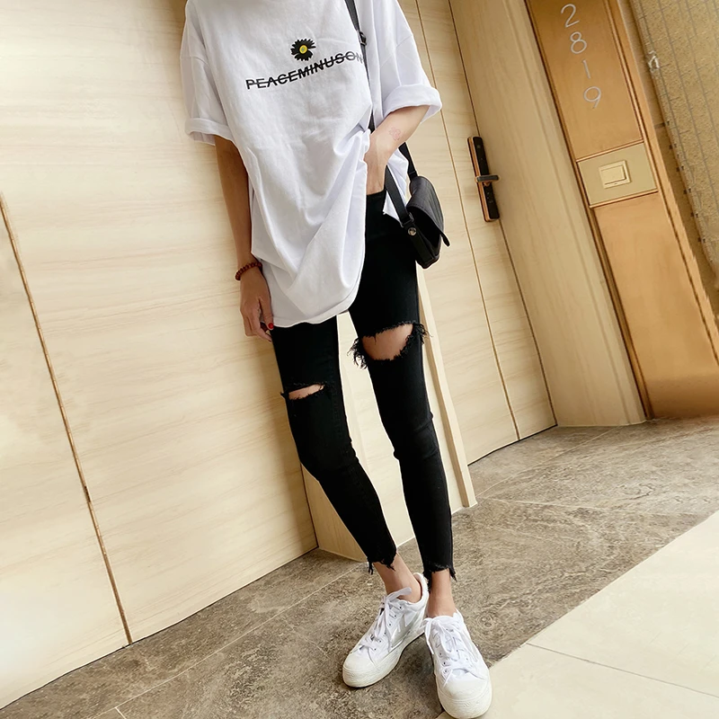 牛仔裤女九分裤黑色破洞小脚紧身弹力显瘦铅笔裤美式打底裤高品质