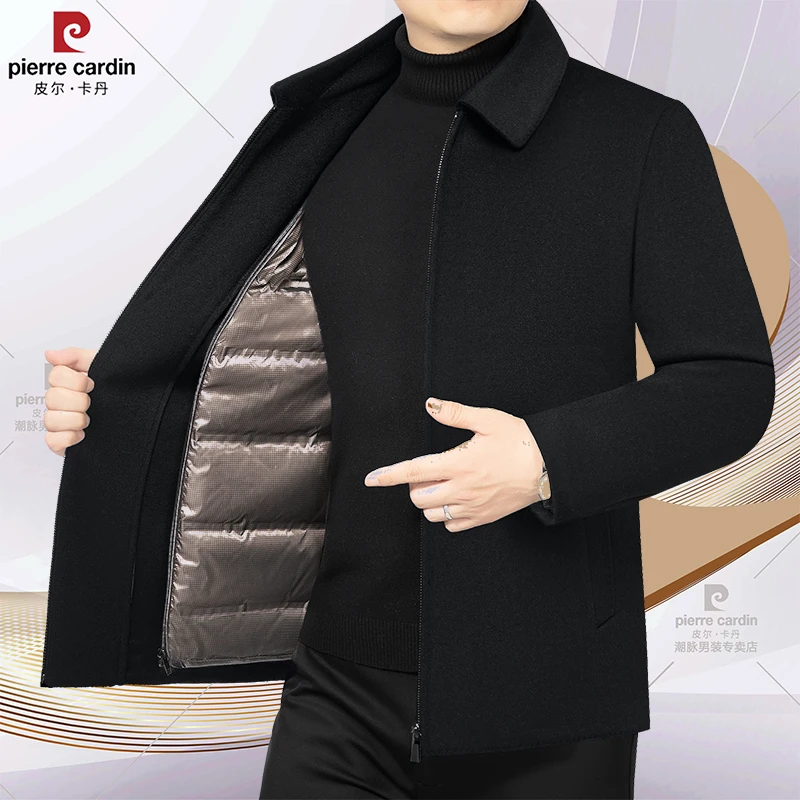 皮尔卡丹男士新款保暖翻领冬季毛呢大衣商务休闲加厚内胆保暖夹克