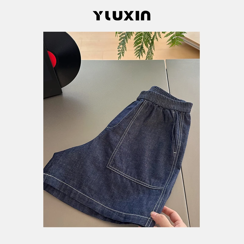 【YUUXIN】亚麻牛仔短裤~夏季休闲松紧高腰明线A字阔腿短裤