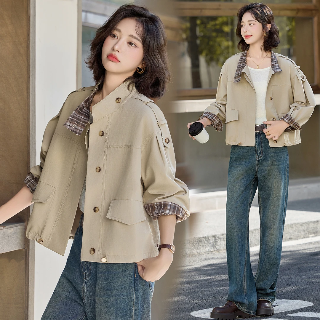 休闲时尚格纹拼接外套女2025春秋新款洋气减龄小个子宽松短款上衣